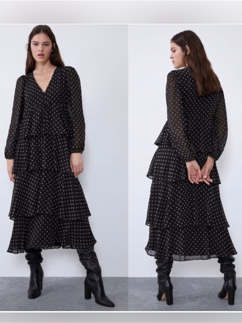 Zara Black Polka Dot Tiered Maxi Dress